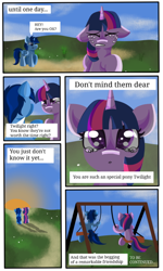 Size: 356x593 | Tagged: source needed, safe, artist:juliana almeida #1314, artist:the juliana, twilight sparkle, oc, oc:blue thunder, alicorn, pony, g4, alicorn oc, canon x oc, comic, duo, female, foal, horn, male, origin, straight, thundersparkle, wings