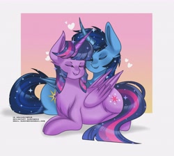 Size: 4600x4120 | Tagged: safe, artist:gaia, artist:sushimeko, twilight sparkle, oc, oc:blue thunder, alicorn, pony, g4, alicorn oc, canon x oc, duo, eyes closed, female, horn, male, pregnant, straight, thundersparkle, twilight sparkle (alicorn), wings