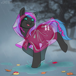 Size: 2000x2000 | Tagged: safe, artist:erein, oc, oc only, oc:obabscribbler, earth pony, pony, autumn, commission, ears up, eyeshadow, female, high res, leaves, makeup, puddle, rain, raincoat, simple background, smiling, solo, wet, ych result