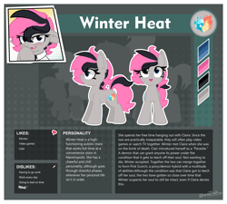 Size: 2500x2246 | Tagged: safe, artist:sherathoz, oc, oc only, oc:winter heat, earth pony, pony, fanfic:pink scorch, autism, both cutie marks, commission, earth pony oc, female, front view, high res, mare, reference sheet, side view, solo