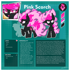 Size: 2500x2545 | Tagged: safe, artist:sherathoz, oc, oc:pink scorch, demon, demon pony, pony, fanfic:pink scorch, commission, female, high res, reference sheet, solo