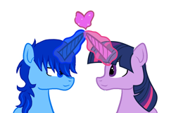 Size: 1144x734 | Tagged: artist needed, source needed, safe, twilight sparkle, oc, oc:blue thunder, alicorn, pony, g4, alicorn oc, bust, canon x oc, duo, female, heart, horn, love, male, shipping, simple background, straight, thundersparkle, twilight sparkle (alicorn), white background, wings