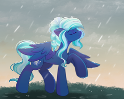 Size: 2864x2288 | Tagged: safe, artist:janelearts, oc, oc only, pegasus, pony, eyes closed, female, high res, mare, rain, raised hoof, solo