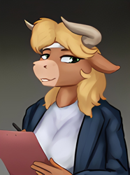 Size: 624x840 | Tagged: artist needed, source needed, safe, minotaur, equestria at war mod, clothes, cute, female minotaur, gradient background, solo