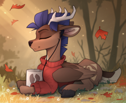 Size: 2310x1890 | Tagged: safe, artist:yakovlev-vad, oc, oc only, oc:arny, deer, deer pony, original species, peryton, autumn, clothes, cozy, earbuds, forest, leaves, solo, sweater