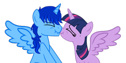 Size: 1688x852 | Tagged: artist needed, source needed, safe, twilight sparkle, oc, oc:blue thunder, alicorn, pony, g4, alicorn oc, boop, canon x oc, duo, eyes closed, female, horn, male, scrunchy face, simple background, straight, thundersparkle, transparent background, twilight sparkle (alicorn), wings