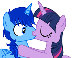 Size: 898x712 | Tagged: artist needed, source needed, safe, twilight sparkle, oc, oc:blue thunder, alicorn, pony, g4, alicorn oc, canon x oc, duo, female, horn, kiss on the lips, kissing, male, simple background, straight, thundersparkle, twilight sparkle (alicorn), white background, wings