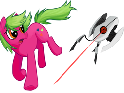 Size: 3899x2939 | Tagged: safe, artist:snippsnojaku, oc, oc:confusia heartfelt, earth pony, pony, crossover, female, full body, gift art, high res, mare, portal, portal (valve), sentry, simple background, white background