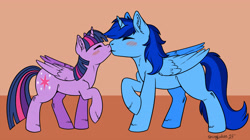 Size: 4800x2691 | Tagged: source needed, safe, artist:shinylatias, twilight sparkle, oc, oc:blue thunder, alicorn, pony, g4, alicorn oc, blush lines, blushing, brown background, canon x oc, duo, eyes closed, female, folded wings, horn, kiss on the lips, kissing, male, male alicorn, male alicorn oc, mare, raised hoof, shipping, simple background, stallion, standing, straight, thundersparkle, twilight sparkle (alicorn), wings