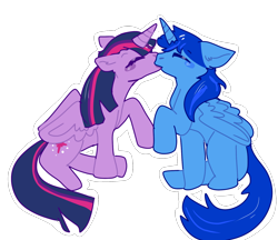 Size: 1530x1319 | Tagged: artist needed, source needed, safe, twilight sparkle, oc, oc:blue thunder, alicorn, pony, g4, alicorn oc, canon x oc, duo, ears back, eyes closed, female, folded wings, horn, kiss on the lips, kissing, male, male alicorn, male alicorn oc, mare, raised hoof, shipping, simple background, sitting, spread wings, stallion, straight, thundersparkle, transparent background, twilight sparkle (alicorn), wings
