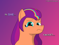 Size: 1635x1250 | Tagged: safe, artist:alejandrogmj, sunny starscout, earth pony, pony, g5, crying, gradient background, looking at you, mane stripe sunny, purple background, racism, teary eyes