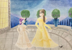 Size: 1280x887 | Tagged: safe, artist:grffxs, sweetie belle, human, equestria girls, g4, alternate hairstyle, balcony, beauty and the beast, belle, clothes, crossover, disney, dress, duo, evening, evening gloves, female, gloves, gown, long gloves, looking at each other, looking at someone, smiling, smiling at each other