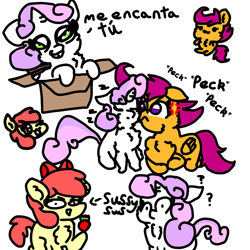 Size: 1000x1000 | Tagged: safe, artist:sweetsterty, apple bloom, scootaloo, sweetie belle, earth pony, pegasus, pony, unicorn, g4, adorabloom, apple bloom's bow, bow, box, cheek fluff, chest fluff, cross-popping veins, cute, cutealoo, cutie mark crusaders, diasweetes, doodle, emanata, floppy ears, food, hair bow, onomatopoeia, pony in a box, question mark, scootachicken, simple background, sleeping, sound effects, spanish, strawberry, white background, zzz