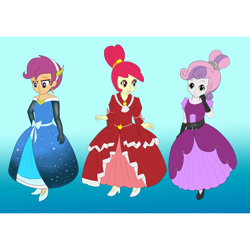 Size: 1080x1080 | Tagged: safe, artist:geminipurplerose, apple bloom, scootaloo, sweetie belle, human, equestria girls, g4, alternate hairstyle, blue background, clothes, cutie mark crusaders, dress, ear piercing, earring, evening gloves, female, glass slipper (footwear), glass slippers, gloves, gown, jewelry, long gloves, piercing, simple background, trio