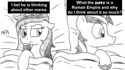 Size: 1200x675 | Tagged: safe, artist:pony-berserker, princess cadance, shining armor, pony-berserker's twitter sketches, pony-berserker's twitter sketches (2023), g4, bed, i bet he's thinking about other mares, implied roman empire, meme reference