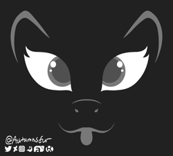 Size: 2092x1887 | Tagged: safe, artist:autumnsfur, pony, genderless, generic pony, grayscale, halloween, holiday, jack-o-lantern, logo, looking at you, minimalist, monochrome, nightmare night, printable, pumpkin, pumpkin design, signature, silly, silly pony, simple background, smiling, tongue out
