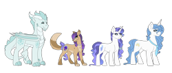 Size: 3879x1654 | Tagged: safe, artist:xxsimu, oc, oc only, oc:arthur, oc:azura, oc:jewel, oc:malakai, dracony, hybrid, pony, unicorn, female, half-siblings, high res, interspecies offspring, jewelry, male, mare, necklace, necktie, offspring, parent:capper dapperpaws, parent:fancypants, parent:rarity, parent:spike, parents:capperity, parents:raripants, parents:sparity, pearl necklace, siblings, simple background, stallion, tongue out, transparent background