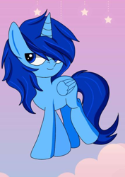 Size: 428x606 | Tagged: artist needed, source needed, safe, oc, oc only, oc:blue thunder, alicorn, pony, alicorn oc, closed mouth, folded wings, gradient background, horn, lidded eyes, male, male alicorn, male alicorn oc, needs more jpeg, pink background, smiling, solo, stallion, walking, wings