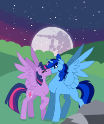 Size: 1514x1809 | Tagged: artist needed, source needed, safe, twilight sparkle, oc, oc:blue thunder, alicorn, pony, g4, alicorn oc, beanbrows, canon x oc, duo, ear fluff, eyebrows, eyes closed, female, horn, kiss on the lips, kissing, male, male alicorn, male alicorn oc, mare, mare in the moon, moon, night, night sky, raised hoof, shipping, sky, spread wings, stallion, standing, starry night, straight, surprise kiss, thundersparkle, twilight sparkle (alicorn), wings