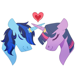 Size: 1985x1809 | Tagged: artist needed, source needed, safe, twilight sparkle, oc, oc:blue thunder, alicorn, pony, g4, bust, canon x oc, duo, ears back, eyes closed, female, heart, horn, horn ring, horns are touching, jewelry, love, male, male alicorn, male alicorn oc, mare, married, ring, shipping, simple background, smiling, stallion, straight, thick eyebrows, thundersparkle, transparent background, twilight sparkle (alicorn), wedding ring