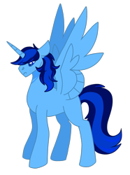 Size: 1257x1687 | Tagged: artist needed, source needed, safe, oc, oc only, oc:blue thunder, alicorn, pony, alicorn oc, ears back, frown, horn, male, male alicorn, male alicorn oc, simple background, solo, spread wings, stallion, standing, transparent background, wings