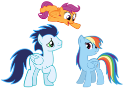 Size: 1013x720 | Tagged: safe, anonymous artist, rainbow dash, scootaloo, soarin', pegasus, pony, g4, female, filly, foal, male, mare, ship:soarindash, shipping, simple background, stallion, straight, transparent background