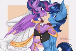 Size: 6160x4120 | Tagged: safe, artist:sushimeko, twilight sparkle, oc, oc:blue thunder, alicorn, pony, g4, alicorn oc, alternate hairstyle, bowtie, canon x oc, clothes, dress, duo, female, folded wings, hair bun, holding each other, hoof shoes, horn, looking at each other, looking at someone, male, male alicorn, male alicorn oc, mare, marriage, partially open wings, pink background, shipping, simple background, smiling, sparkly mane, sparkly tail, stallion, straight, tail, thundersparkle, twilight sparkle (alicorn), wedding, wedding dress, wedding suit, wedding veil, white background, wings