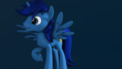 Size: 1280x720 | Tagged: artist needed, source needed, safe, oc, oc only, oc:blue thunder, alicorn, pony, 3d, 3d model, alicorn oc, blue background, horn, male, male alicorn oc, raised hoof, simple background, smiling, solo, source filmmaker, spread wings, stallion, wings