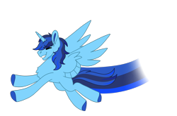 Size: 2978x1963 | Tagged: artist needed, source needed, safe, oc, oc only, oc:blue thunder, alicorn, pony, alicorn oc, colored hooves, ear fluff, eyes closed, flight trail, flying, grin, horn, male, male alicorn, male alicorn oc, simple background, smiling, solo, spread wings, stallion, transparent background, wings
