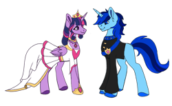 Size: 1964x1210 | Tagged: source needed, safe, artist:faetria, twilight sparkle, oc, oc:blue thunder, alicorn, pony, g4, alternate hairstyle, canon x oc, clothes, colored hooves, crown, dress, duo, ear fluff, female, folded wings, hoof shoes, jewelry, looking at each other, looking at someone, male, mare, marriage, necklace, regalia, sash, simple background, stallion, straight, thundersparkle, tiara, transparent background, twilight sparkle (alicorn), wedding, wedding dress, wedding suit, wingless, wings