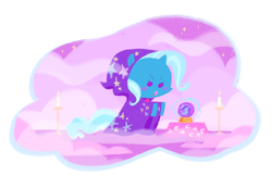 Size: 1382x954 | Tagged: safe, artist:shugrcube, trixie, pony, unicorn, g4, blushing, candle, chibi, cloak, clothes, crystal ball, female, mare, open mouth, sitting, solo, wizard