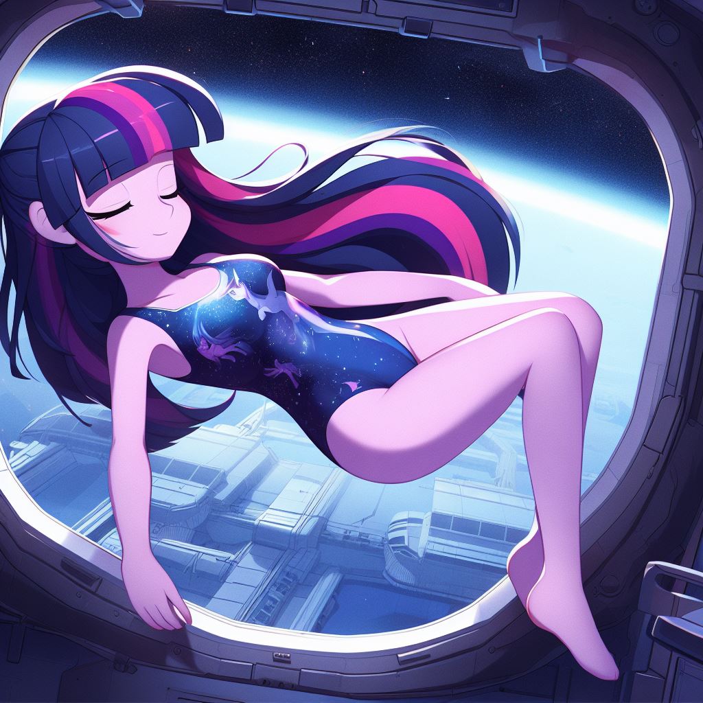 [clothes,equestria girls,floating,leotard,safe,solo,space,twilight sparkle,space station,zero gravity,ai content]