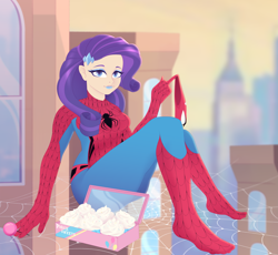 Size: 4173x3840 | Tagged: safe, artist:arina-gremyako, rarity, human, g4, boots, building, candy, city, clothes, commission, cosplay, costume, cupcake, cute, eyeshadow, female, food, humanized, lipstick, lollipop, makeup, marvel, mask, raribetes, shoes, sitting, solo, spider web, spider-man, superhero