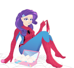 Size: 4173x3840 | Tagged: safe, alternate version, artist:arina-gremyako, rarity, human, g4, boots, candy, clothes, commission, cosplay, costume, cupcake, cute, eyeshadow, female, food, humanized, lipstick, lollipop, makeup, marvel, mask, raribetes, shoes, simple background, sitting, solo, spider web, spider-man, superhero, transparent background