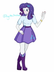 Size: 768x1024 | Tagged: safe, artist:icythetrashcan, rarity, human, equestria girls, g4, belt, boots, clothes, high heel boots, one eye closed, shirt, shoes, simple background, skirt, solo, white background, wink