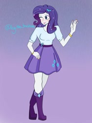 Size: 768x1024 | Tagged: safe, alternate version, artist:icythetrashcan, rarity, human, equestria girls, g4, belt, boots, clothes, gradient background, high heel boots, one eye closed, purple background, shirt, shoes, skirt, solo, wink