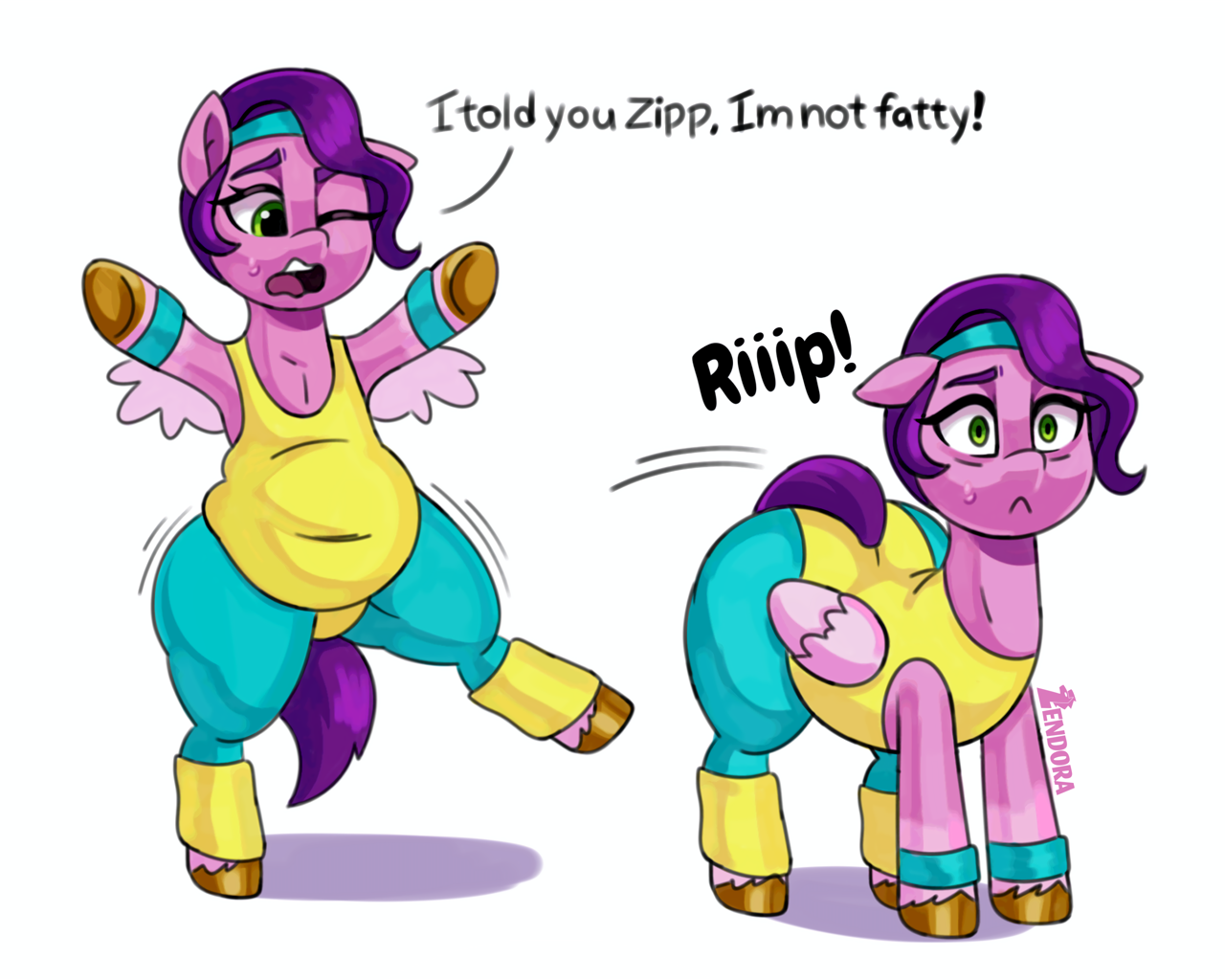 [belly,bipedal,clothes,cute,exercise,fat,female,floppy ears,g5,mare,open mouth,pegasus,pony,safe,simple background,solo,sweat,sweatband,wardrobe malfunction,white background,workout outfit,onomatopoeia,ripping clothes,one eye closed,adorapipp,pipp petals,adipipp,artist:zendora]