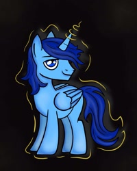 Size: 1280x1600 | Tagged: artist needed, source needed, safe, oc, oc only, oc:blue thunder, alicorn, pony, alicorn oc, black background, horn, lightning, simple background, solo, wings