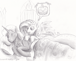 Size: 2692x2161 | Tagged: safe, artist:earthquake87, fluttershy, nightmare moon, princess luna, bat pony, g4, bat ponified, bedroom, blanket, cute, dialogue box, excited, flutterbat, halloween, happy, high res, holiday, jack-o-lantern, pillow, plushie, pumpkin, race swap, spread wings, squint, traditional art, waking up, wings