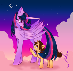 Size: 1456x1410 | Tagged: safe, artist:julieee3e, twilight sparkle, oc, oc:moka, alicorn, pony, unicorn, g4, cloud, crescent moon, fanart, moon, on a cloud, pink cloud, twilight sparkle (alicorn)