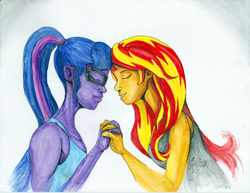 Size: 1056x816 | Tagged: safe, artist:masterdarhil, sci-twi, sunset shimmer, twilight sparkle, equestria girls, g4, eyes closed, fanfic art, female, holding hands, lesbian, ship:sci-twishimmer, ship:sunsetsparkle, shipping, traditional art, watercolor painting