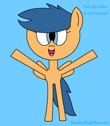 Size: 1190x1360 | Tagged: safe, artist:rainbowteddybear2002, first base, pegasus, pony, g4, adorabase, arms in the air, bipedal, blue background, blue text, cute, cyan background, dialogue, excited, female, filly, foal, happy, ms paint, open mouth, open smile, pegasus first base, race swap, rule 63, simple background, smiling, solo, text
