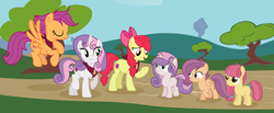 Size: 3648x1508 | Tagged: safe, artist:princessfloriana, apple bloom, scootaloo, sweetie belle, oc, earth pony, pegasus, pony, unicorn, g4, cutie mark crusaders, eyes closed, female, filly, foal, mare, mother and child, mother and daughter, offspring, older, older apple bloom, older cmc, older scootaloo, older sweetie belle, parent:apple bloom, parent:button mash, parent:rumble, parent:scootaloo, parent:sweetie belle, parent:tender taps, parents:rumbloo, parents:sweetiemash, parents:tenderbloom, scootaloo can fly