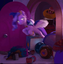 Size: 884x886 | Tagged: safe, edit, edited screencap, screencap, pipp petals, señor butterscotch, pegasus, pony, g5, my little pony: make your mark, my little pony: make your mark chapter 5, nightmare on mane street, spoiler:g5, spoiler:my little pony: make your mark, spoiler:my little pony: make your mark chapter 5, spoiler:mymc05e06, animated, basement, clothes, costume, cropped, female, gif, hat, loop, mare, nightmare night costume, open door, reversed, solo, stuck, trash, witch costume, witch hat, witch petals