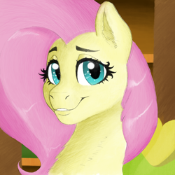 Size: 2048x2048 | Tagged: safe, artist:boneappleteeth, fluttershy, pegasus, pony, g4, cute, daaaaaaaaaaaw, dreamworks face, fluttershy's cottage, high res, looking at you, shyabetes, smiling