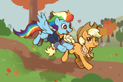 Size: 2000x1333 | Tagged: safe, artist:friendlyfangs, applejack, rainbow dash, earth pony, pegasus, pony, g4, applejack's hat, blushing, clothes, cowboy hat, duo, duo female, eyebrows, female, flying, freckles, granny smith's shawl, grass, hat, leaves, lesbian, looking at each other, looking at someone, mare, older, older appledash, older applejack, older rainbow dash, open mouth, open smile, outdoors, scarf, ship:appledash, shipping, signature, smiling, smiling at each other, spread wings, tree, wings