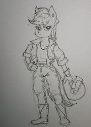 Size: 1490x2084 | Tagged: safe, artist:daisymane, rainbow dash, pegasus, anthro, g4, boots, clothes, female, grayscale, hand on hip, helmet, jacket, mare, monochrome, shoes, solo, traditional art