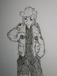 Size: 1688x2262 | Tagged: safe, artist:daisymane, rainbow dash, human, equestria girls, g4, bomber jacket, clothes, female, grayscale, jacket, looking at you, monochrome, solo, traditional art