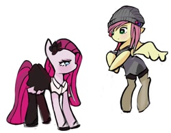 Size: 1000x781 | Tagged: safe, artist:solid shrimp, fluttershy, pinkie pie, earth pony, pegasus, pony, g4, beanie, clothes, duo, emo, female, flower, flower in hair, goth, hat, mare, pinkamena diane pie, pinktober, simple background, skirt, stockings, thigh highs, white background