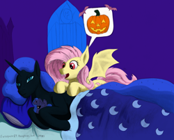 Size: 1346x1081 | Tagged: safe, artist:earthquake87, color edit, edit, fluttershy, nightmare moon, princess luna, bat pony, g4, bat ponified, blanket, colored, cute, excited, fangs, flutterbat, halloween, happy, holiday, jack-o-lantern, nightmare night, pillow, plushie, pumpkin, race swap, sleepy, spread wings, waking up, wings